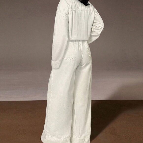 White Casual Womens Wide Leg Denim Jumpsuit - Picture 3 of 5